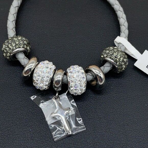 Gray Leather Bracelet Crystal Beads Stainless Steel Cross Polished Spacers 7.5 - Picture 3 of 7